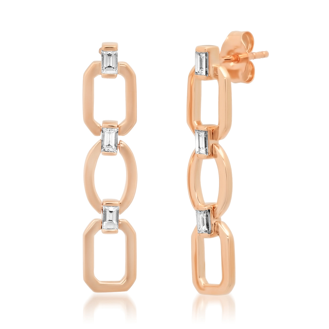 14K Rose Gold Diamond Baguette Flat Link Earring