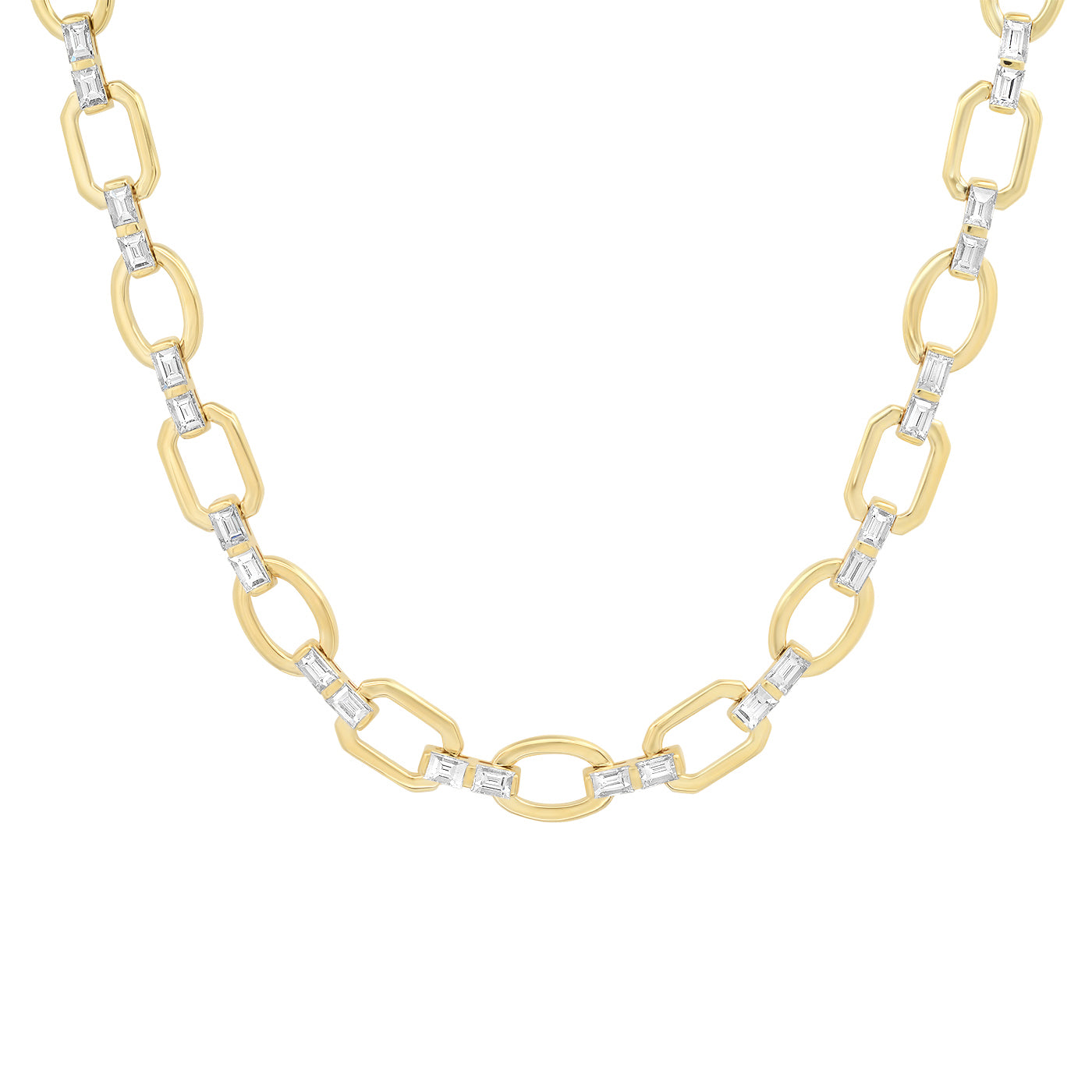 14K Yellow Gold Diamond Baguette Flat Link Necklace