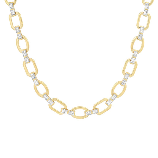 14K Yellow Gold Diamond Baguette Flat Link Necklace
