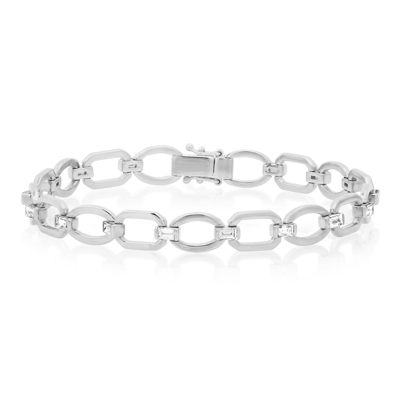 14K White Gold Diamond Baguette Flat Link Bracelet