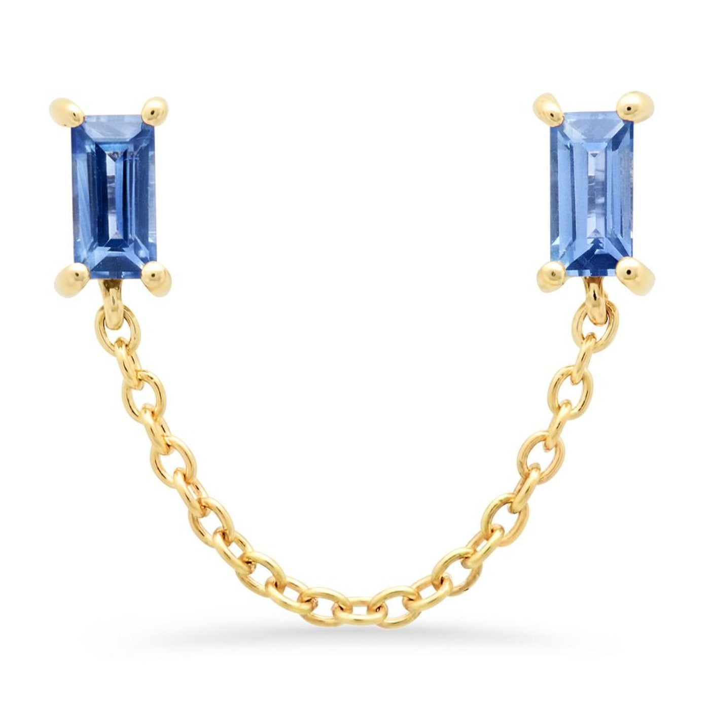 14K Yellow Gold Blue Sapphire Baguette Chain Stud