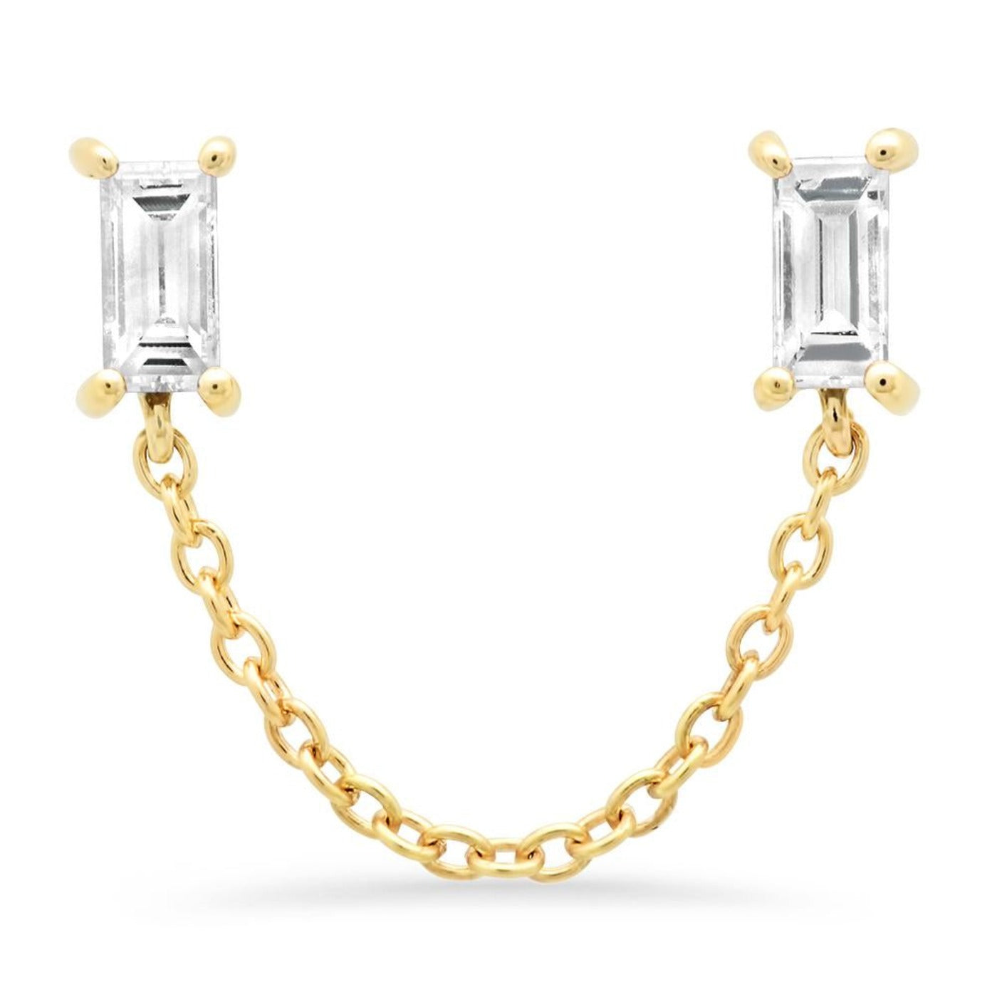 14K Yellow Gold Diamond Baguette Chain Stud