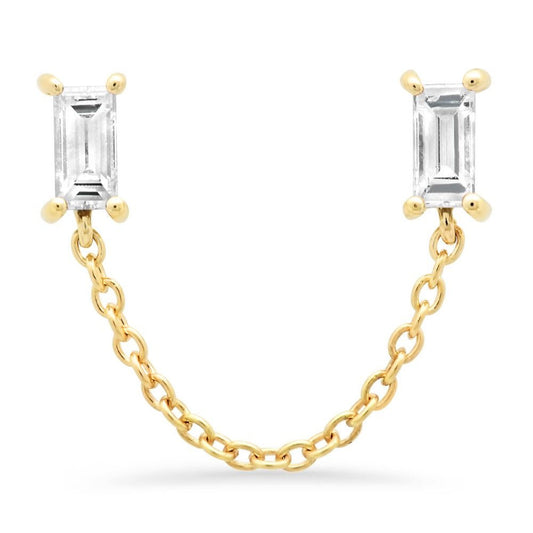 14K Yellow Gold Diamond Baguette Chain Stud