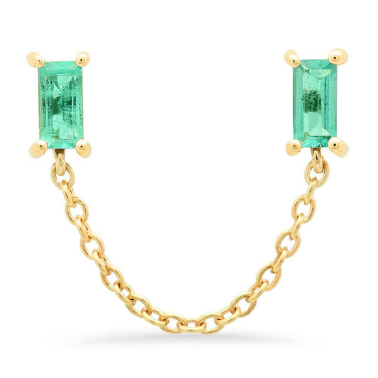 14K Yellow Gold Emerald Baguette Chain Stud