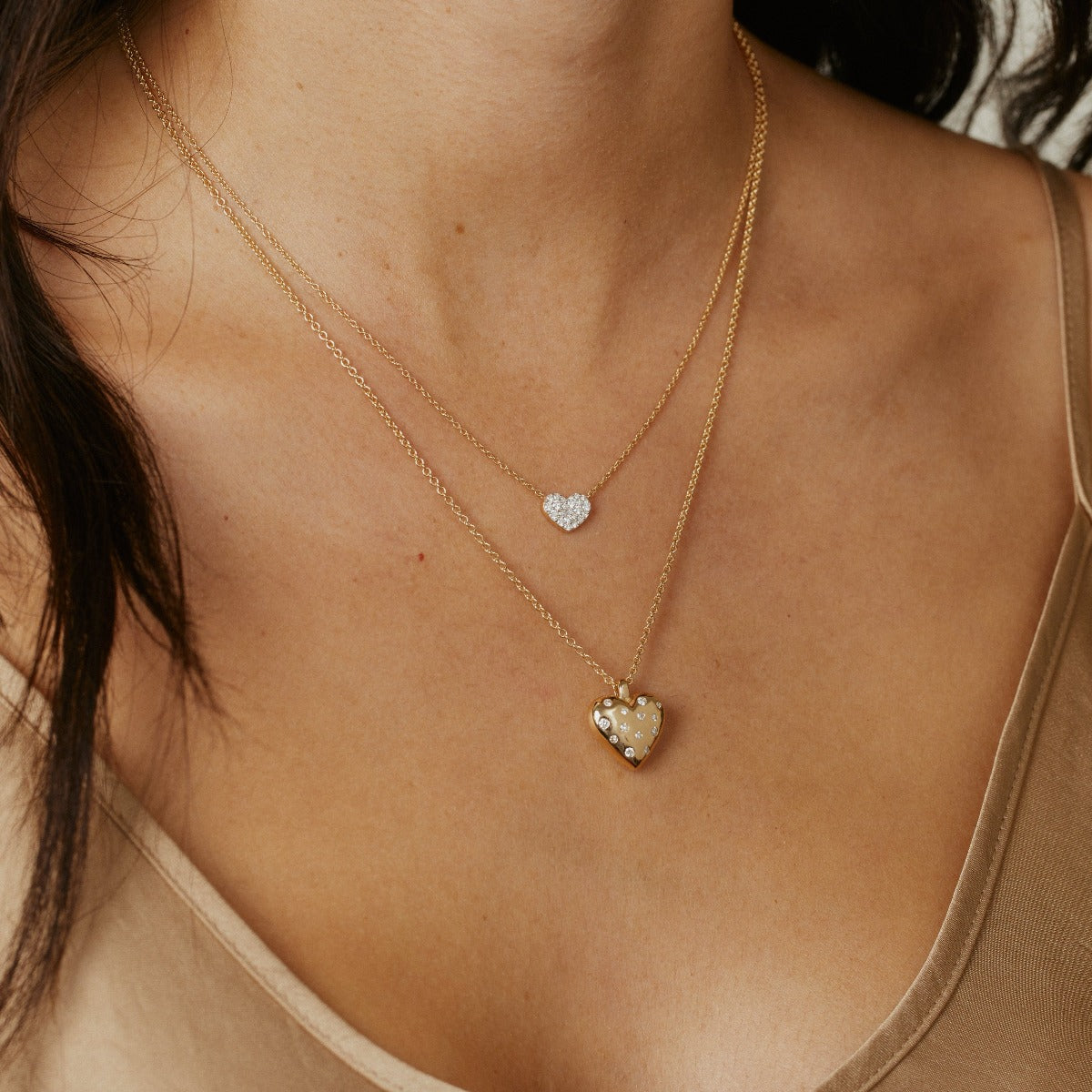 Small Reversible Diamond and Gold Puffy Heart Necklace