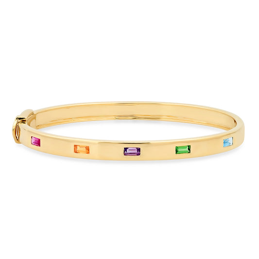 14K Yellow Gold Multi Colored Five Baguette Bangle