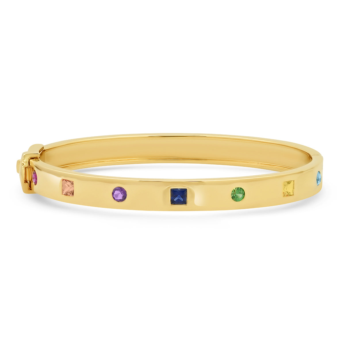 14K Yellow Gold Princess Cut and Round Multi Colored Bangle