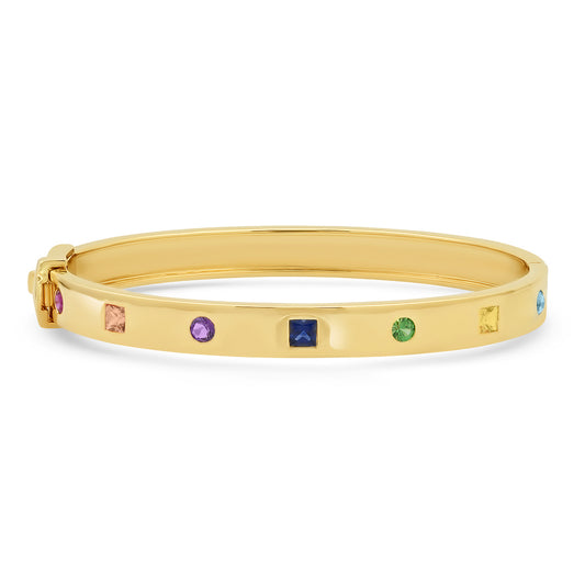 14K Yellow Gold Princess Cut and Round Multi Colored Bangle