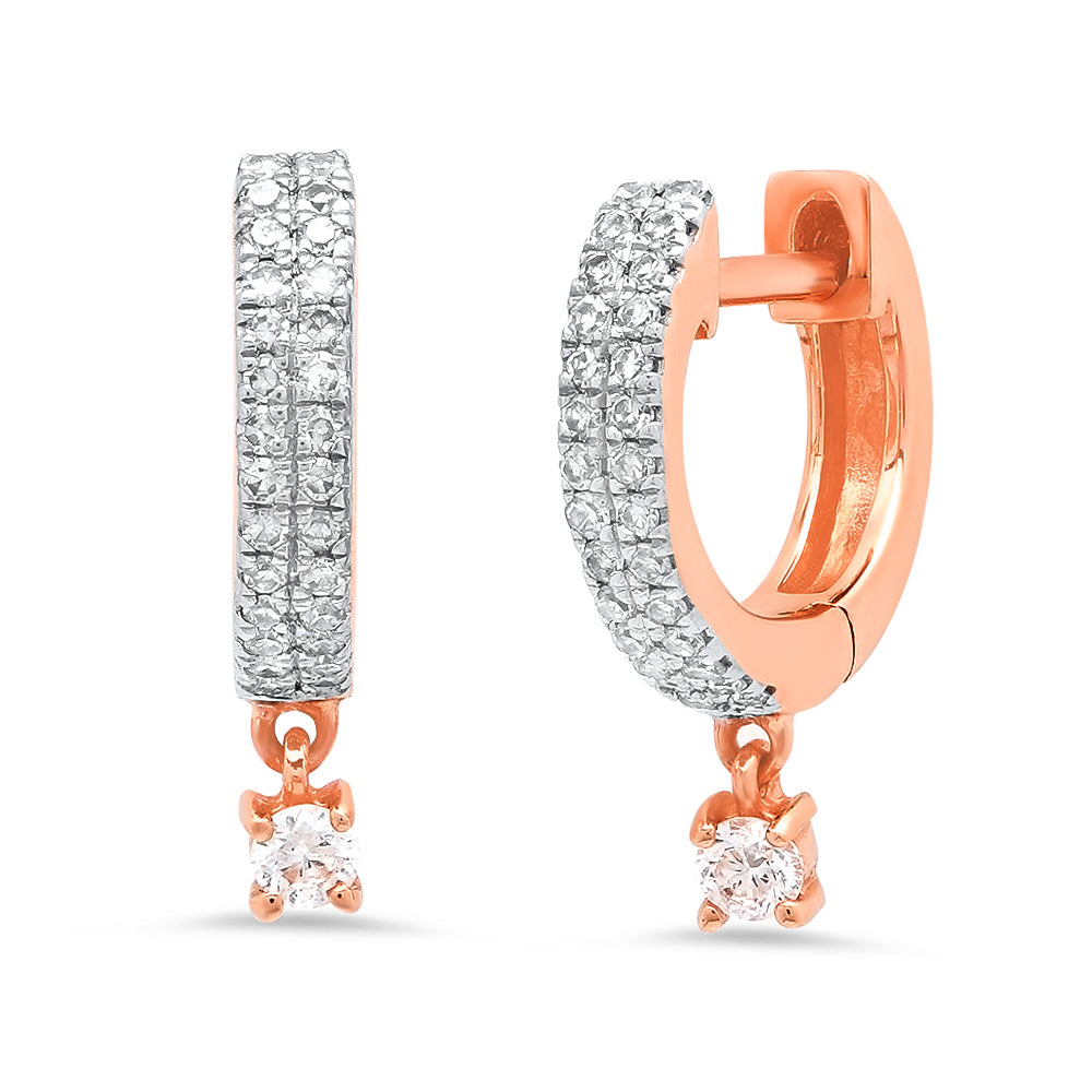 14K Rose Gold Diamond Huggies with Diamond Drop