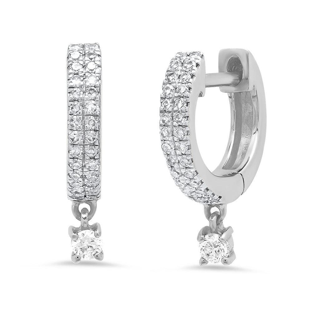 14K White Gold Diamond Huggies with Diamond Drop