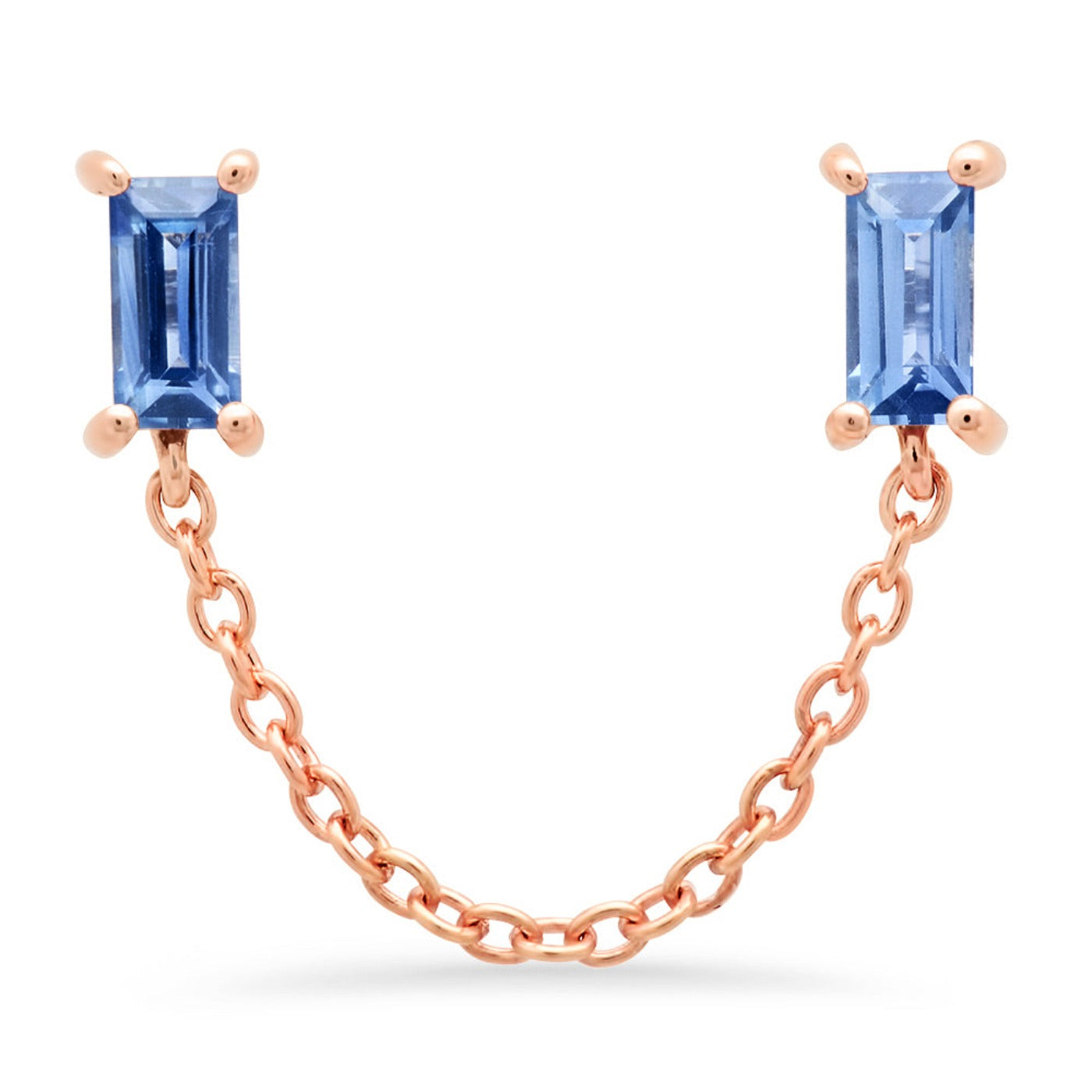 14K Rose Gold Blue Sapphire Baguette Chain Stud