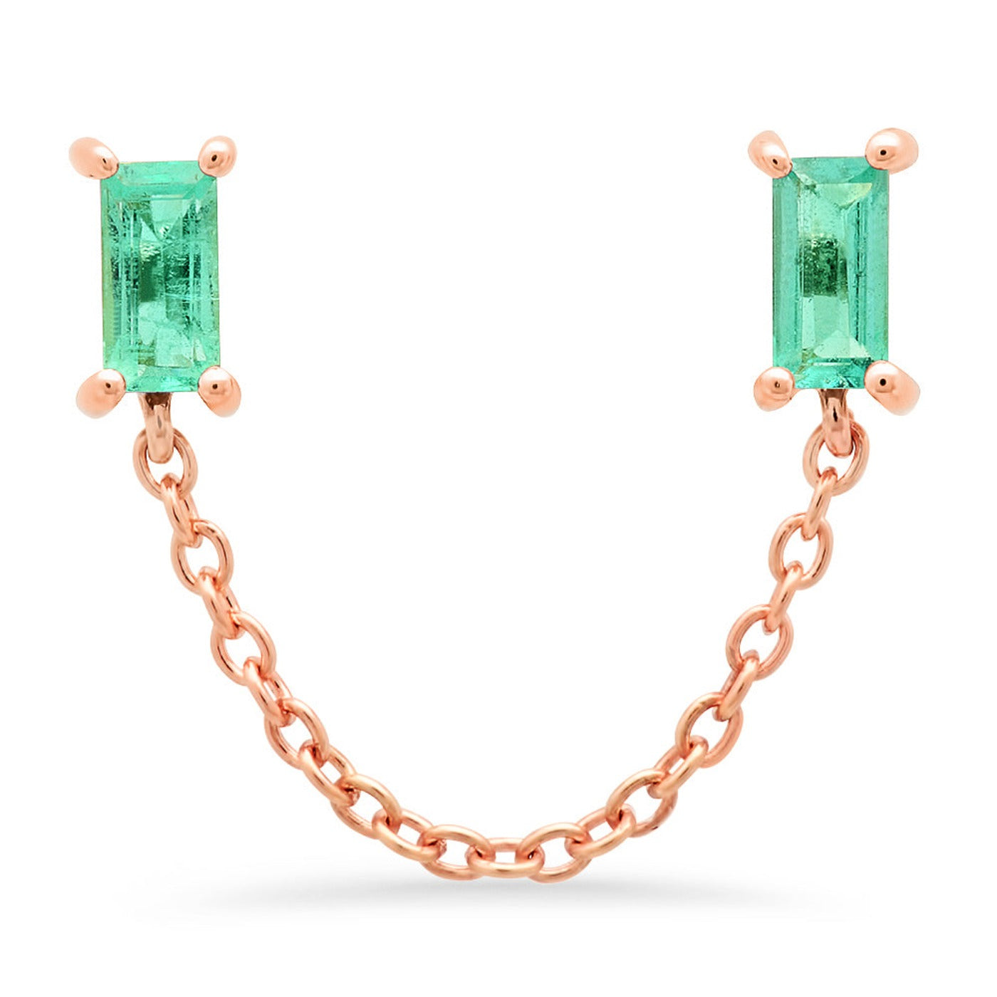 14K Rose Gold Emerald Baguette Chain Stud