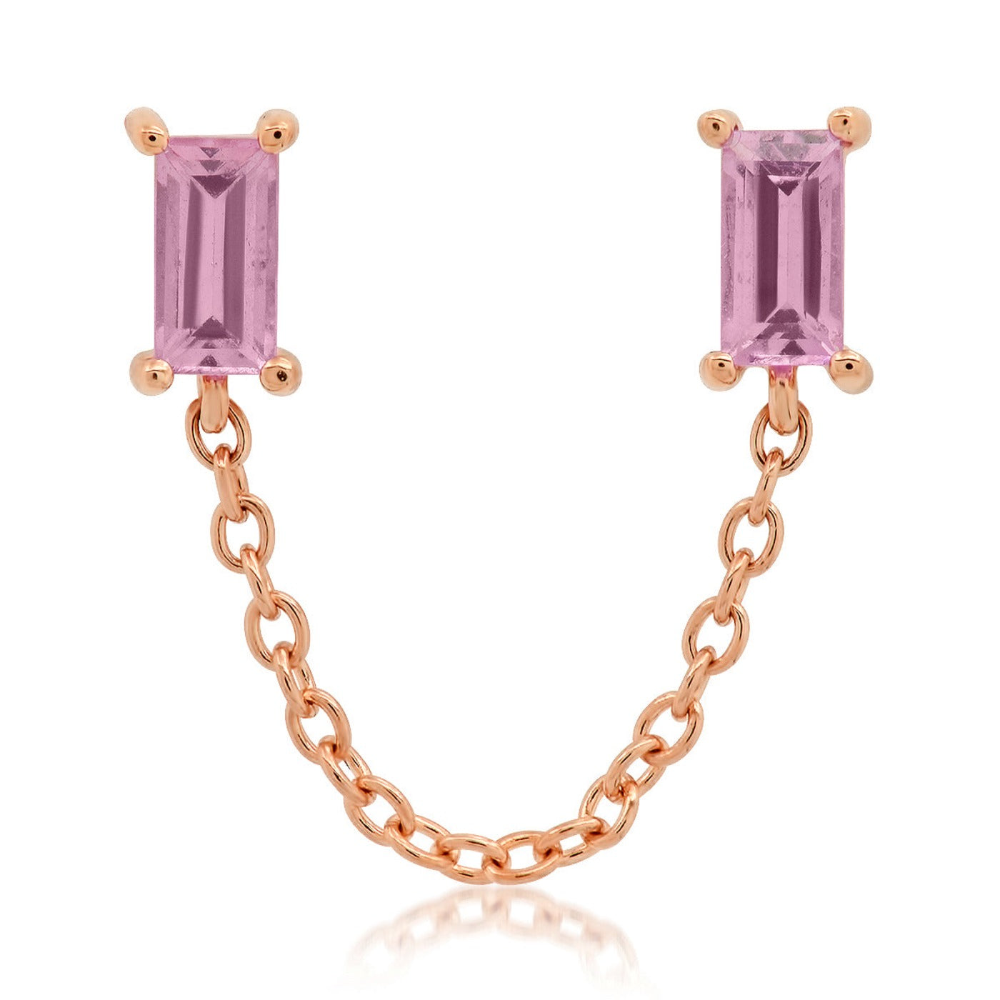 14K Rose Gold Pink Sapphire Baguette Chain Stud