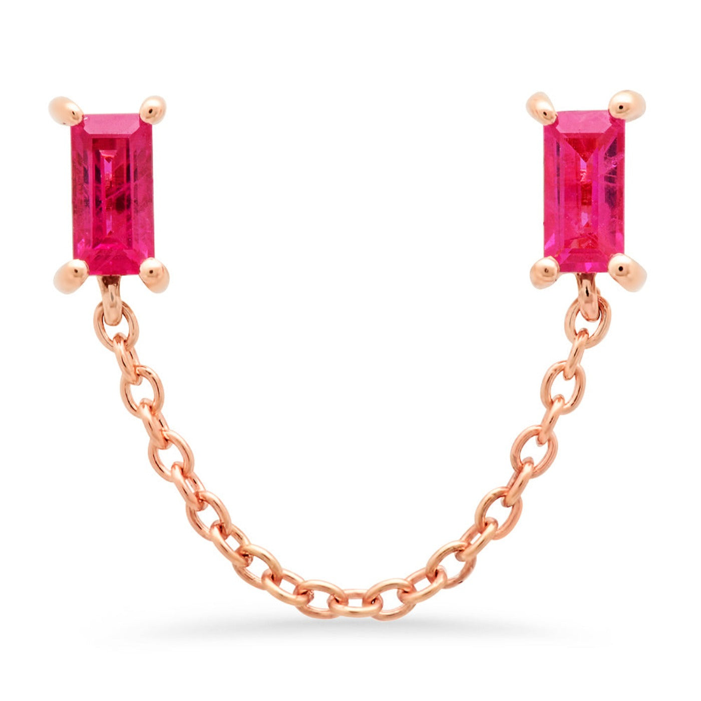 14K Rose Gold Ruby Baguette Chain Stud