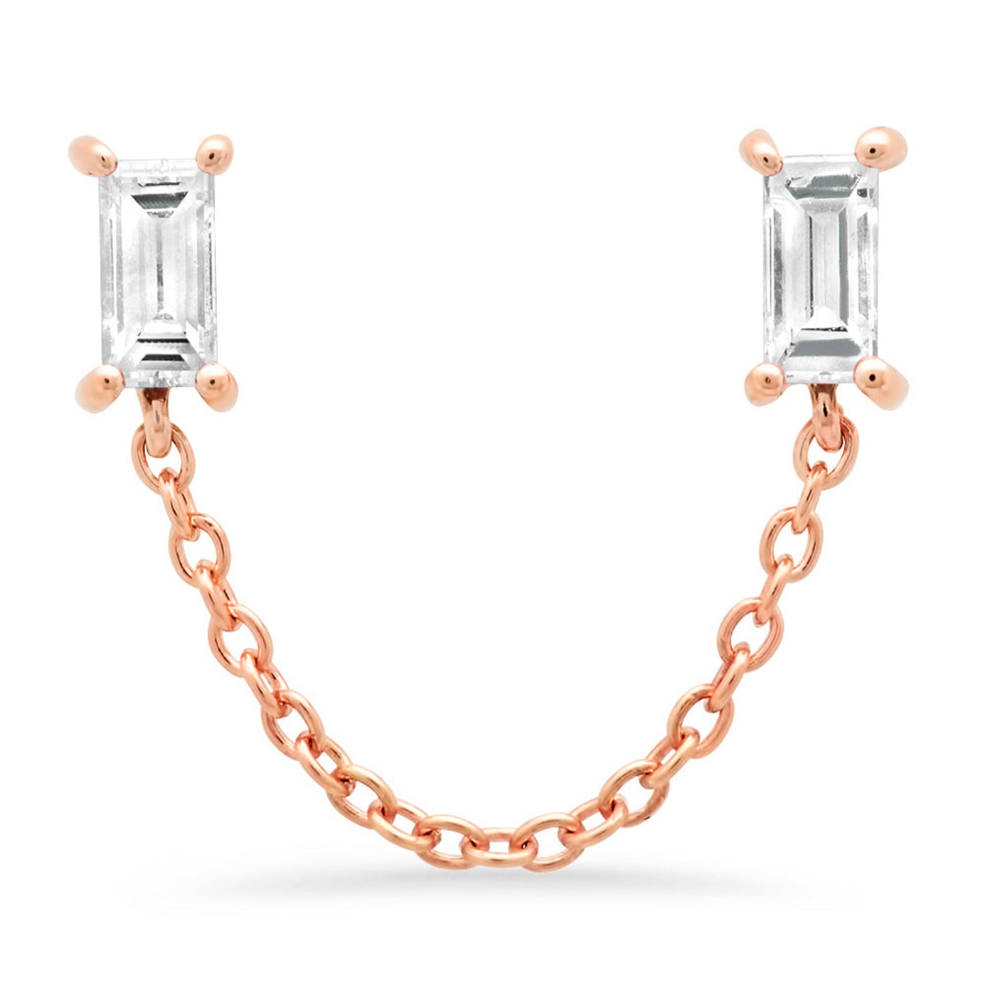 14K Rose Gold Diamond Baguette Chain Stud