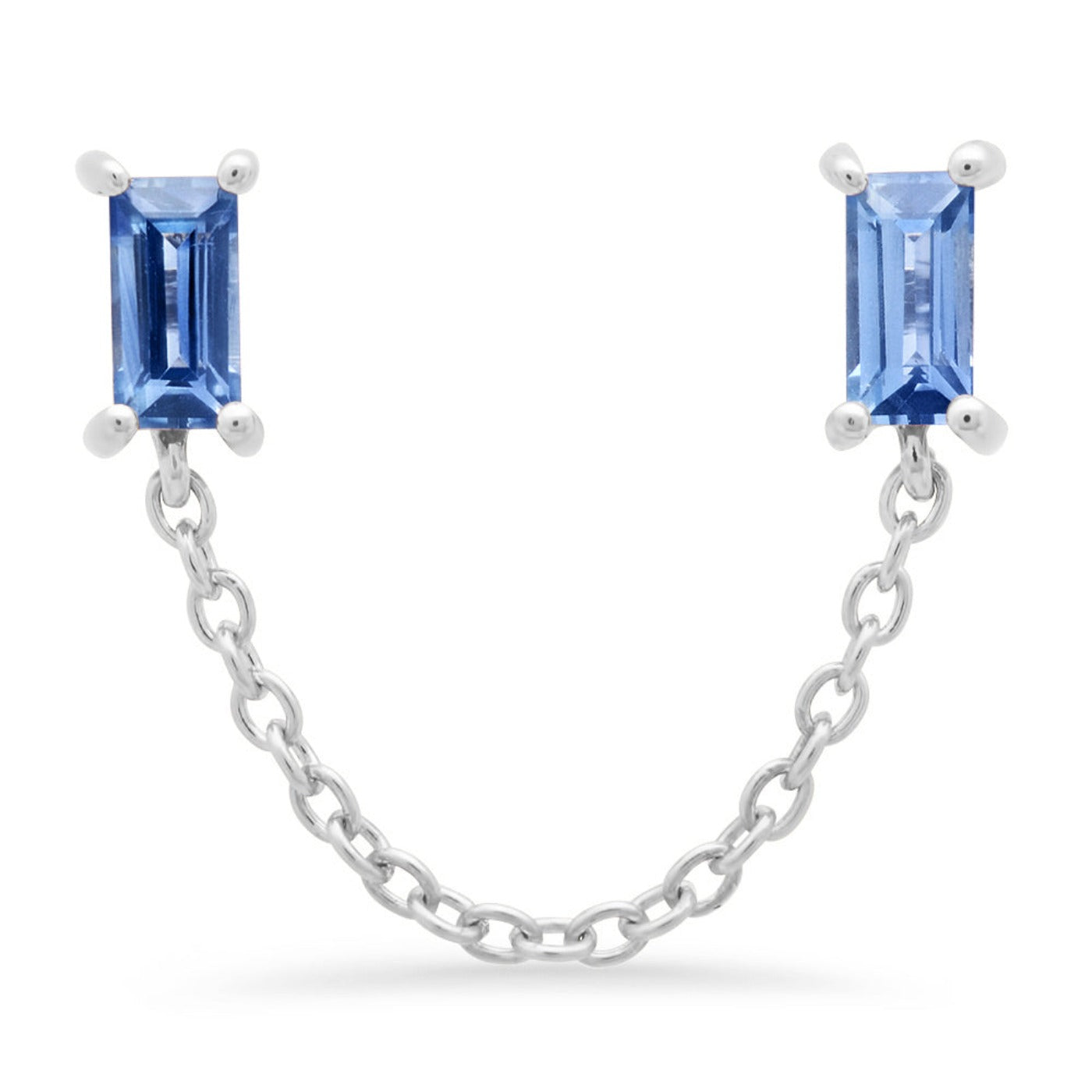 14K White Gold Blue Sapphire Baguette Chain Stud