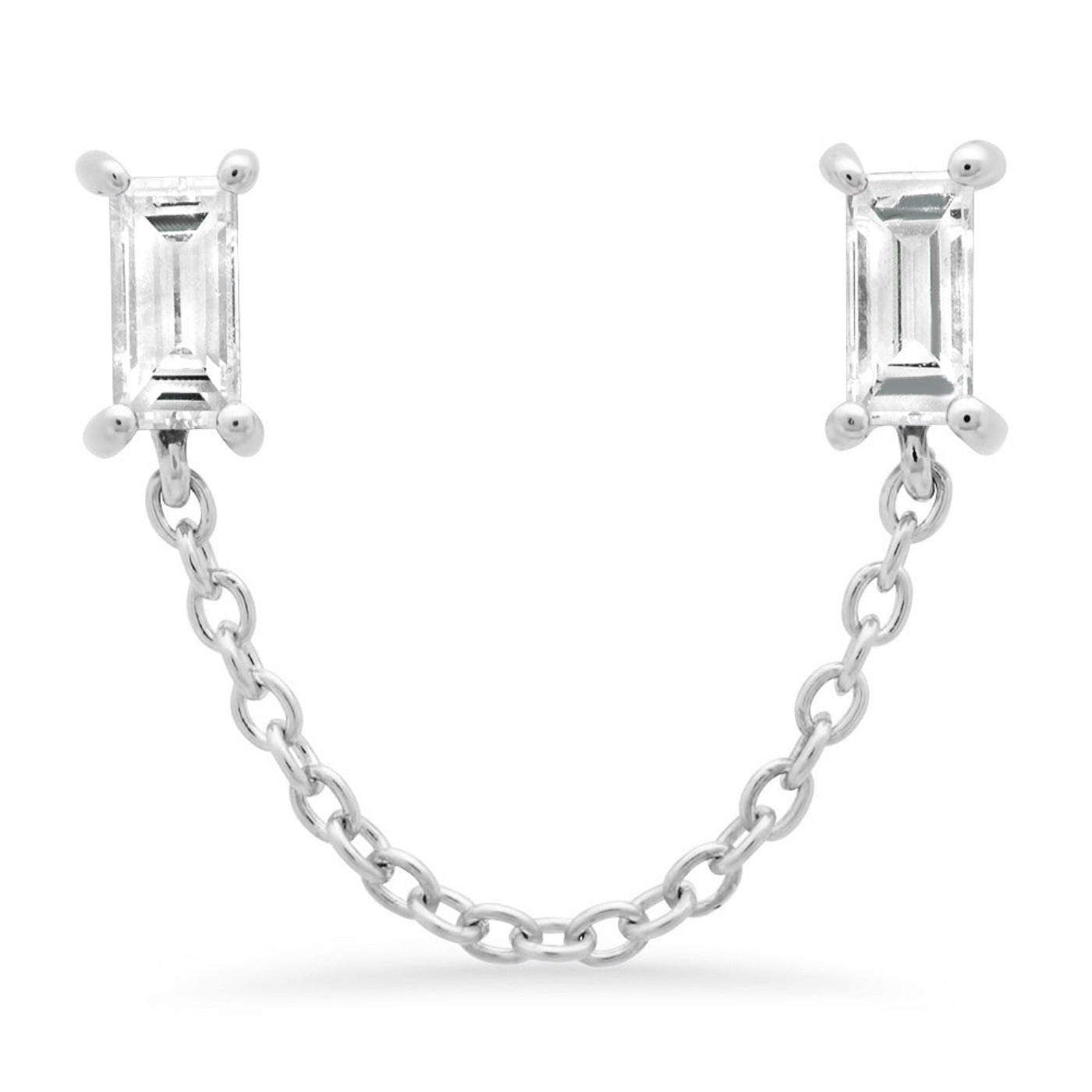 14K White Gold Diamond Baguette Chain Stud