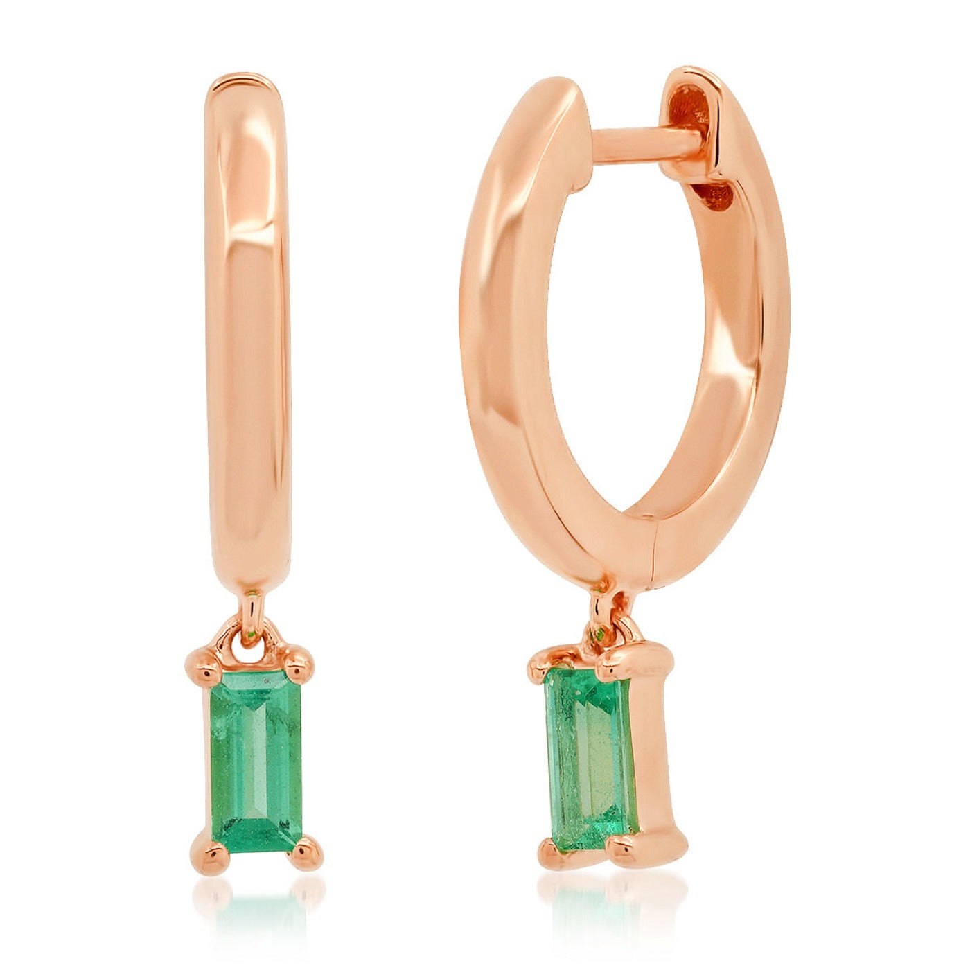 14K Rose Gold Huggies with Emerald Baguette Drop