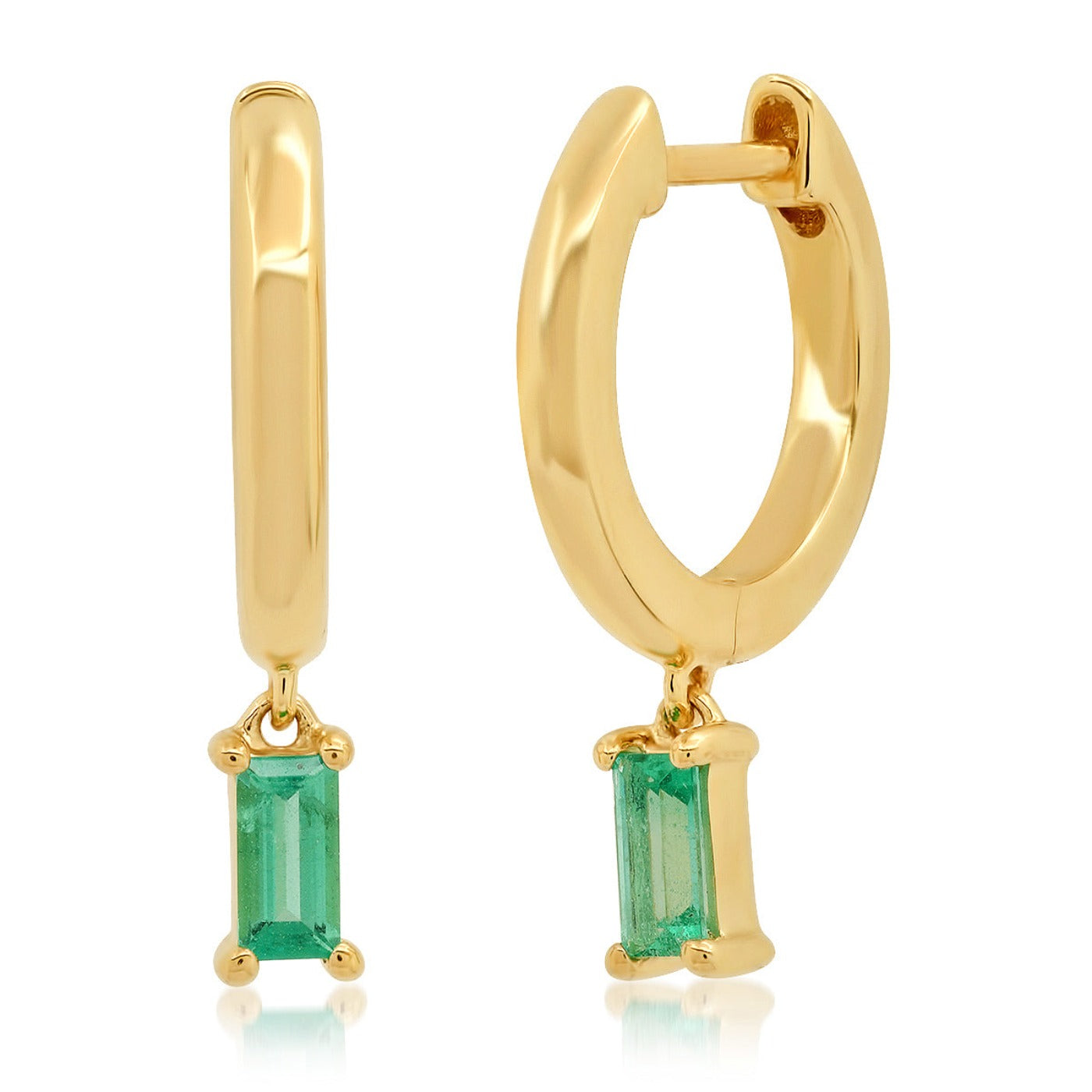 14K Yellow Gold Huggies with Emerald Baguette Drop