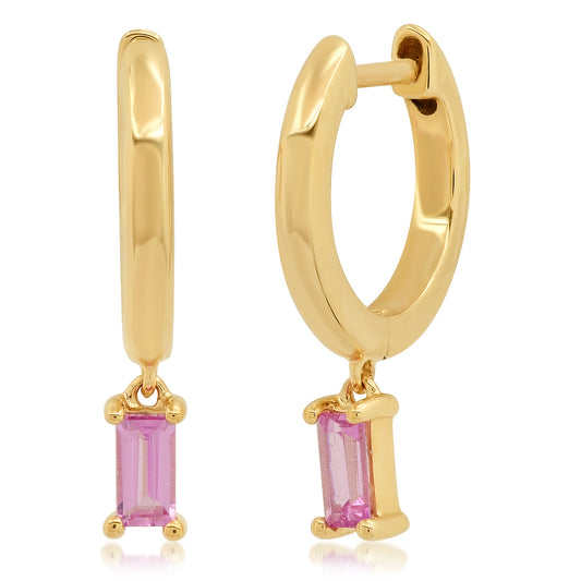 14K Yellow Gold Huggies with Pink Sapphire Baguette Drop