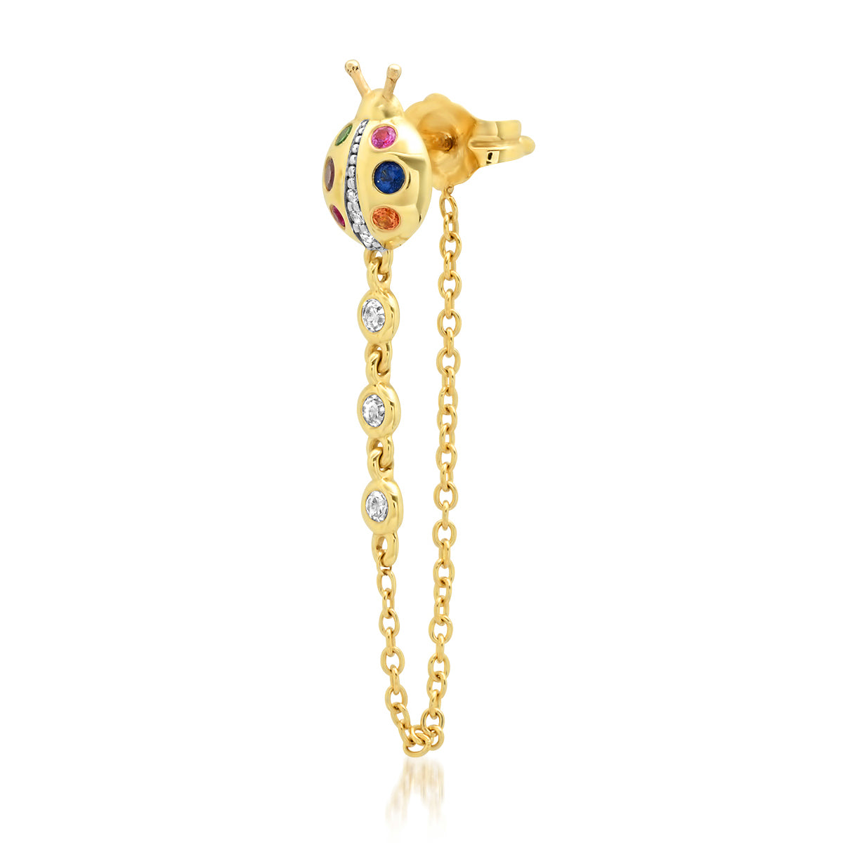 14K Yellow Gold Multi Colored Ladybug Stud with Diamond Chain