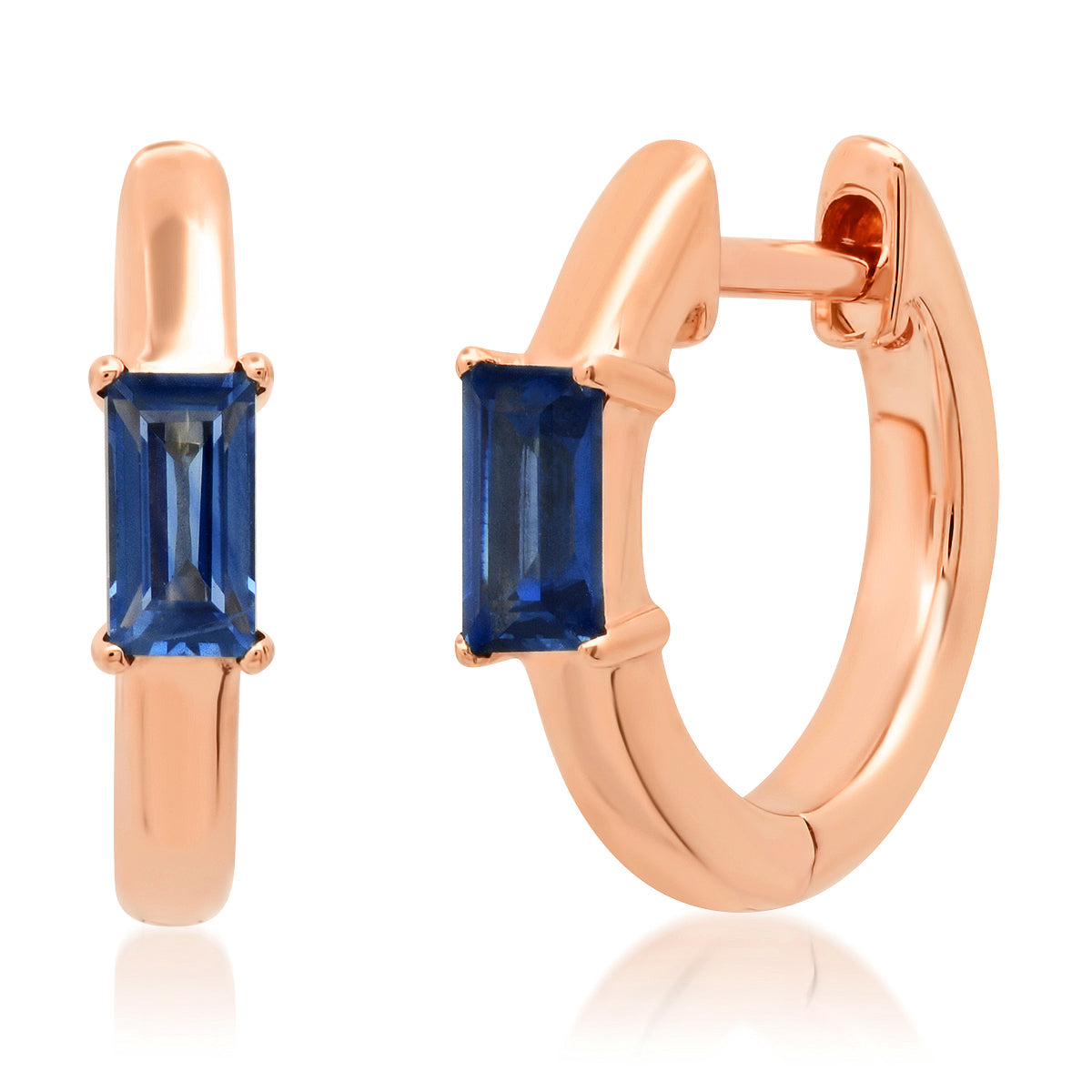 14K Rose Gold Stationary Blue Sapphire Baguette Huggies