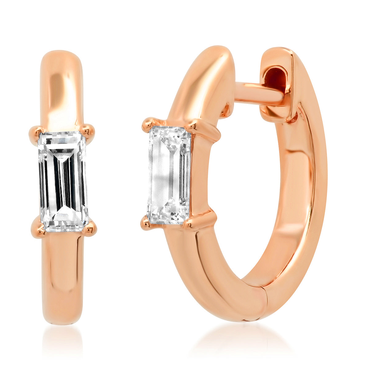 14K Rose Gold Stationary Diamond Baguette Huggies