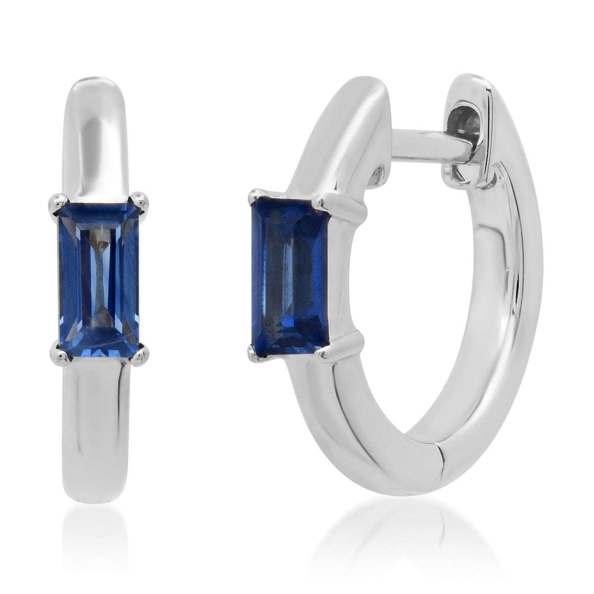 14K White Gold Stationary Blue Sapphire Baguette Huggies