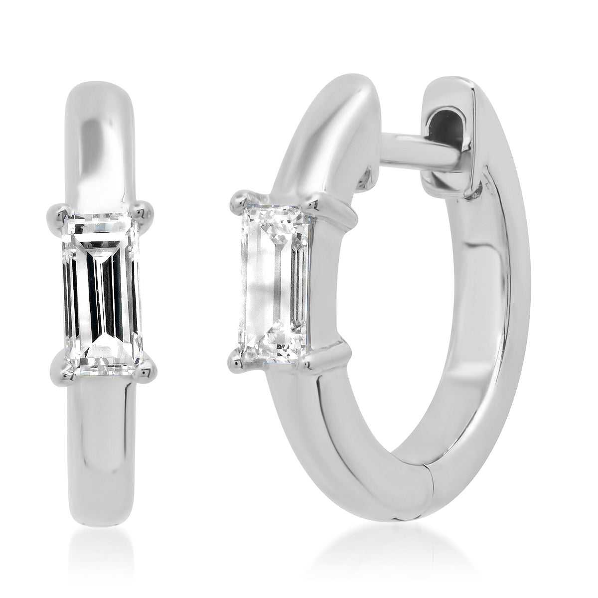 14K White Gold Stationary Diamond Baguette Huggies