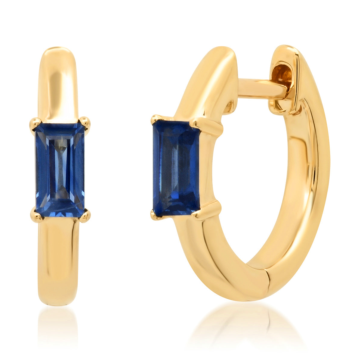 14K Yellow Gold Stationary Blue Sapphire Baguette Huggies