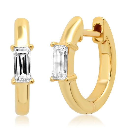 14K Yellow Gold Stationary Diamond Baguette Huggies