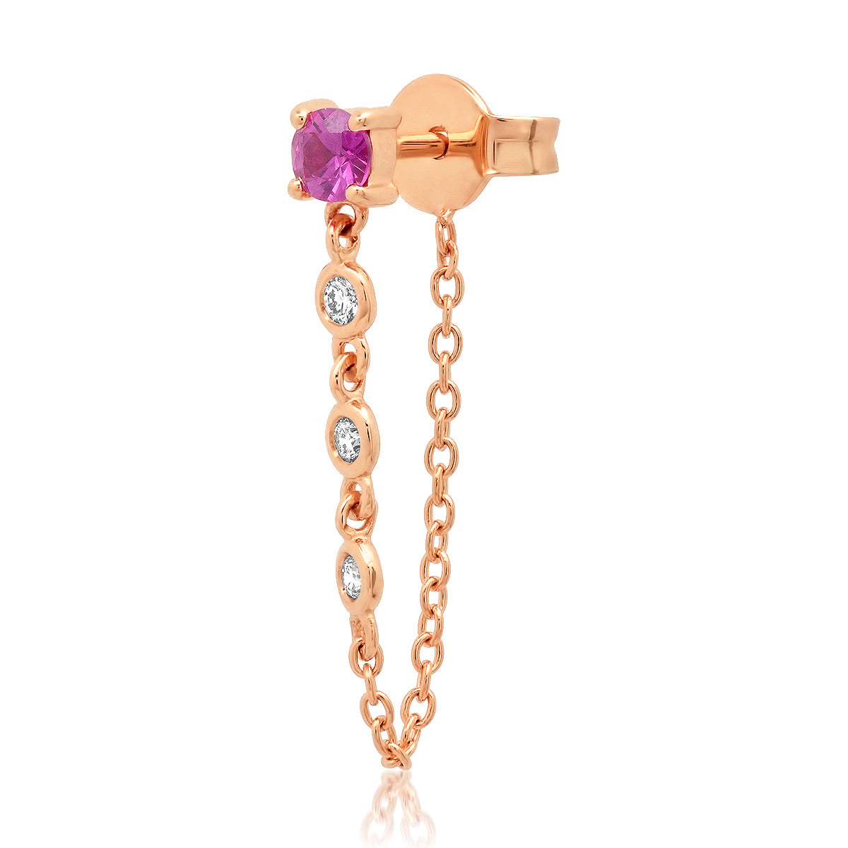 14K Rose Gold Single Ruby Stud with Diamond Chain