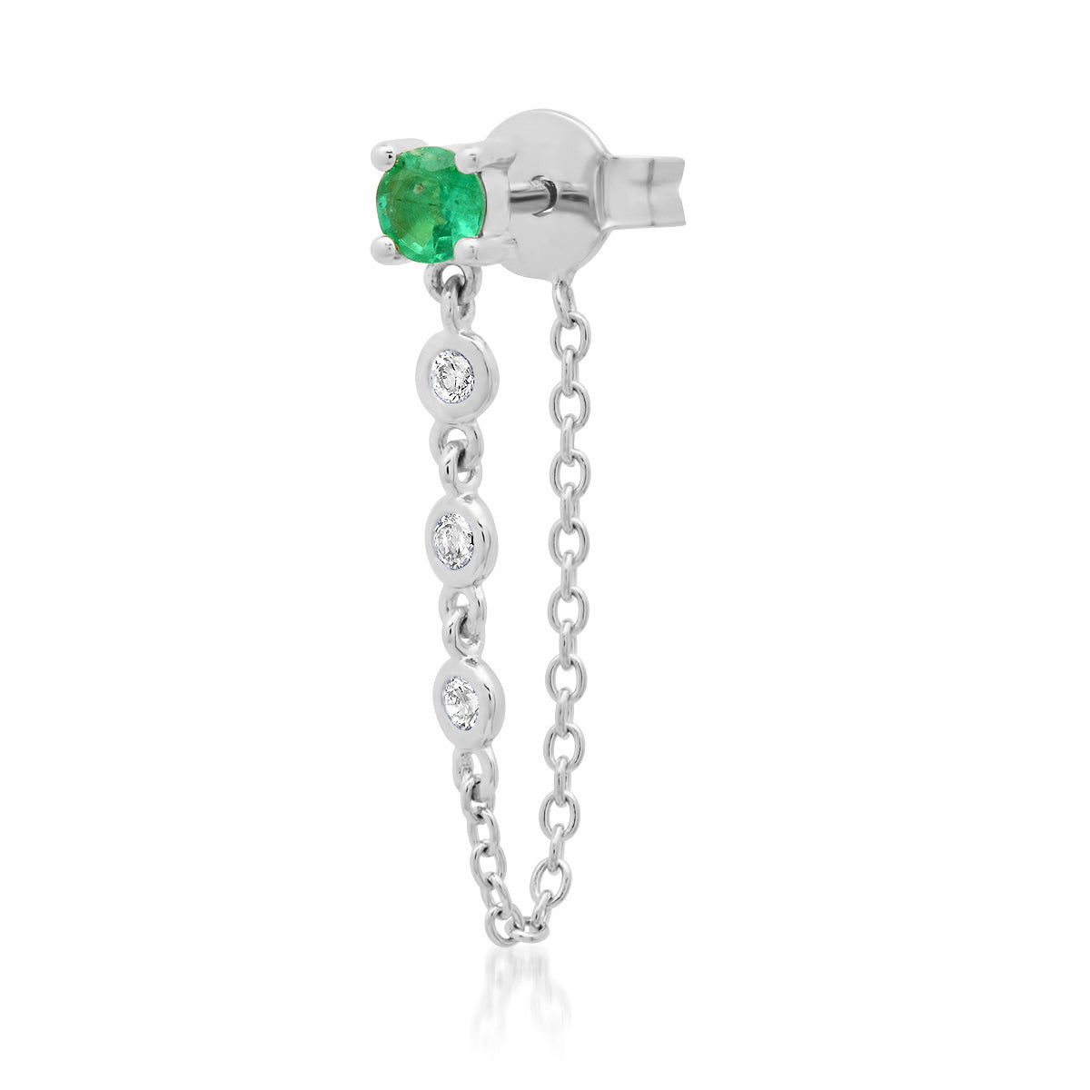 14K White Gold Single Emerald Stud with Diamond Chain