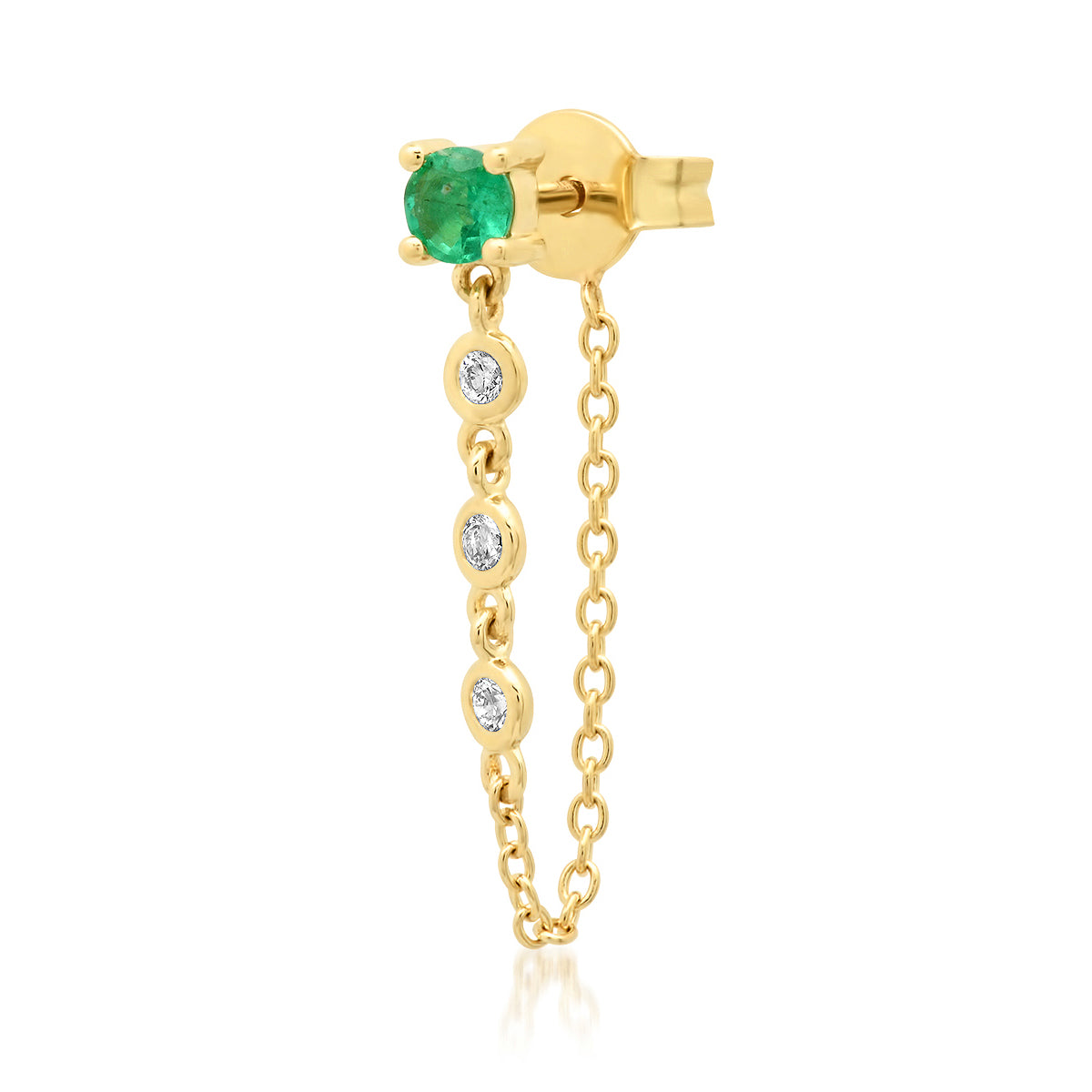 14K Yellow Gold Single Emerald Stud with Diamond Chain