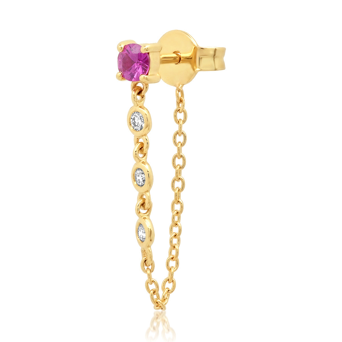 14K Yellow Gold Single Ruby Stud with Diamond Chain