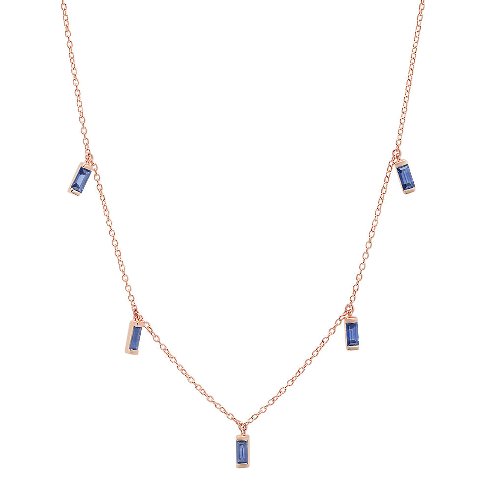 14K Rose Gold Blue Sapphire Baguette Necklace