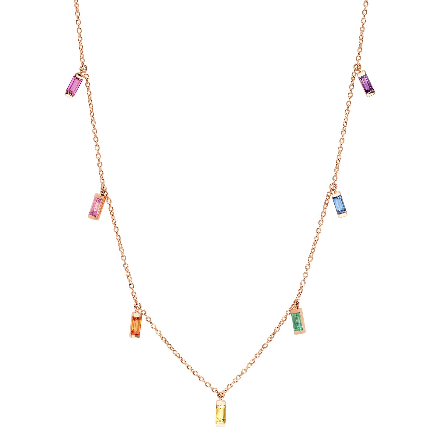 14K Rose Gold Rainbow Baguette Necklace