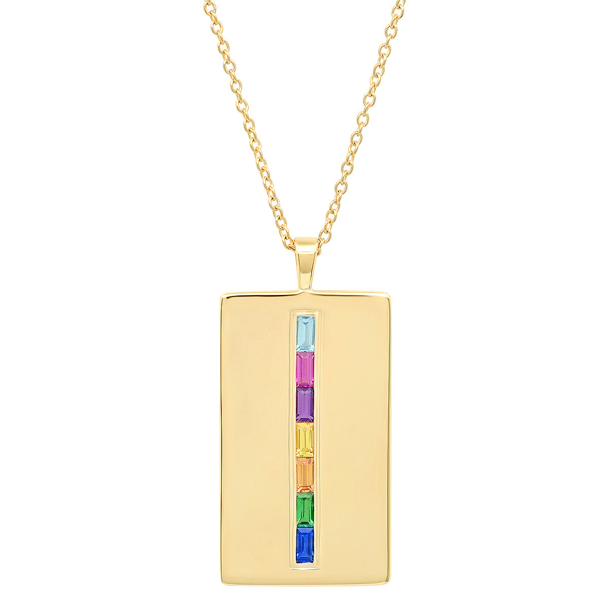 14K Yellow Gold Rainbow Baguette Dog Tag Necklace 