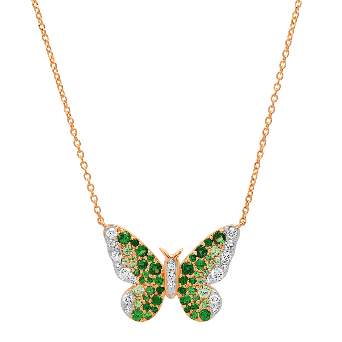 14K Rose Gold Green and Diamond Ombré Butterfly Necklace