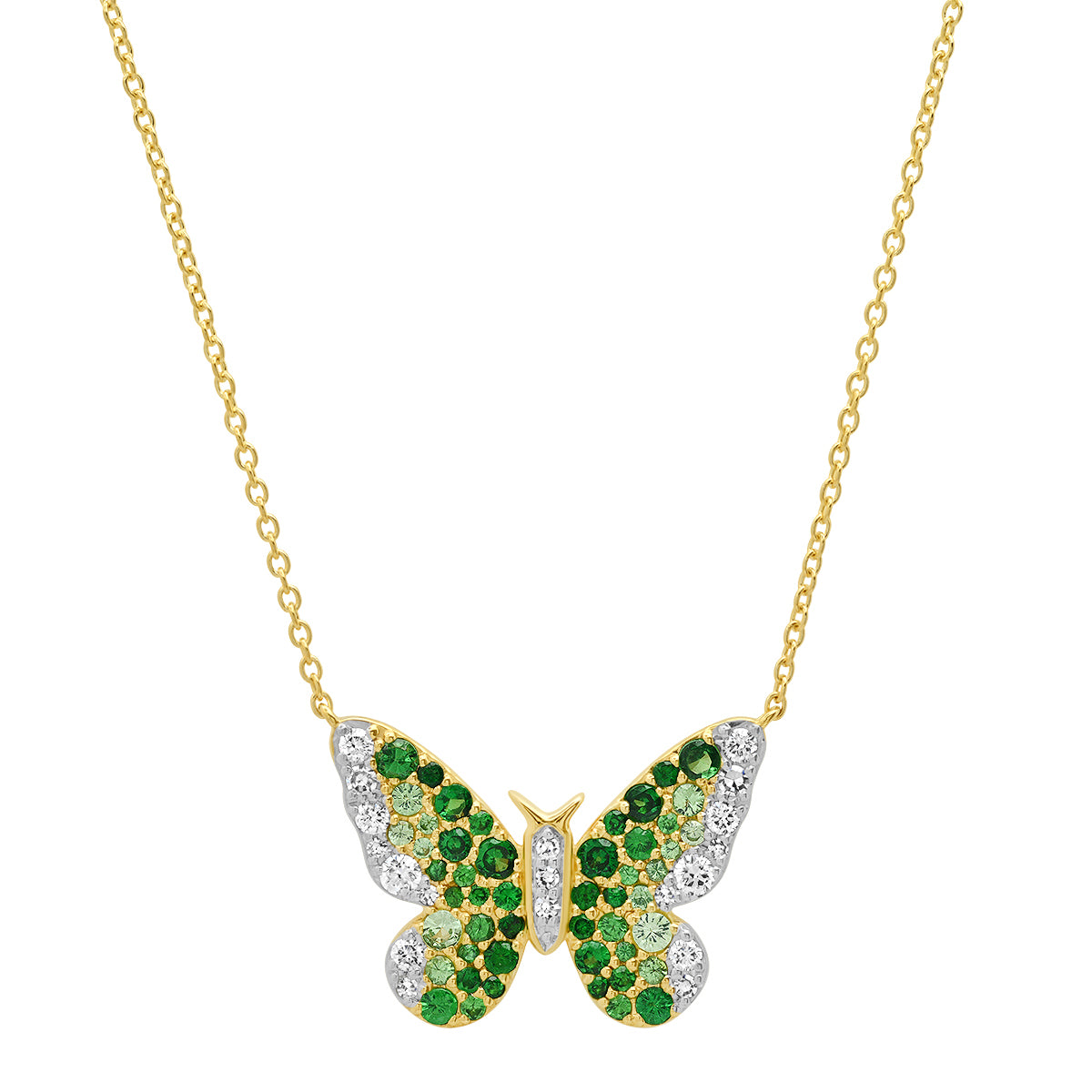 14K Yellow Gold Green and Diamond Ombré Butterfly Necklace