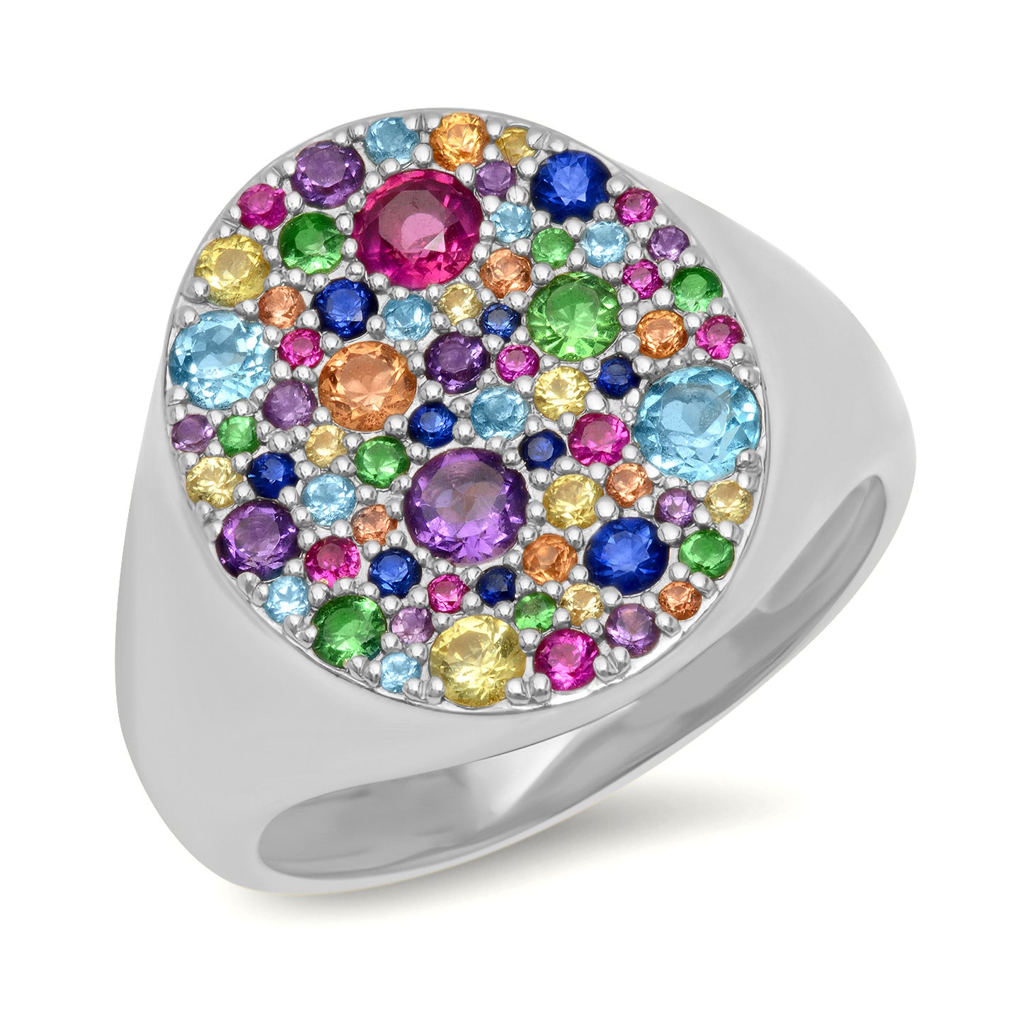 14K White Gold Multi Colored Signet Ring 