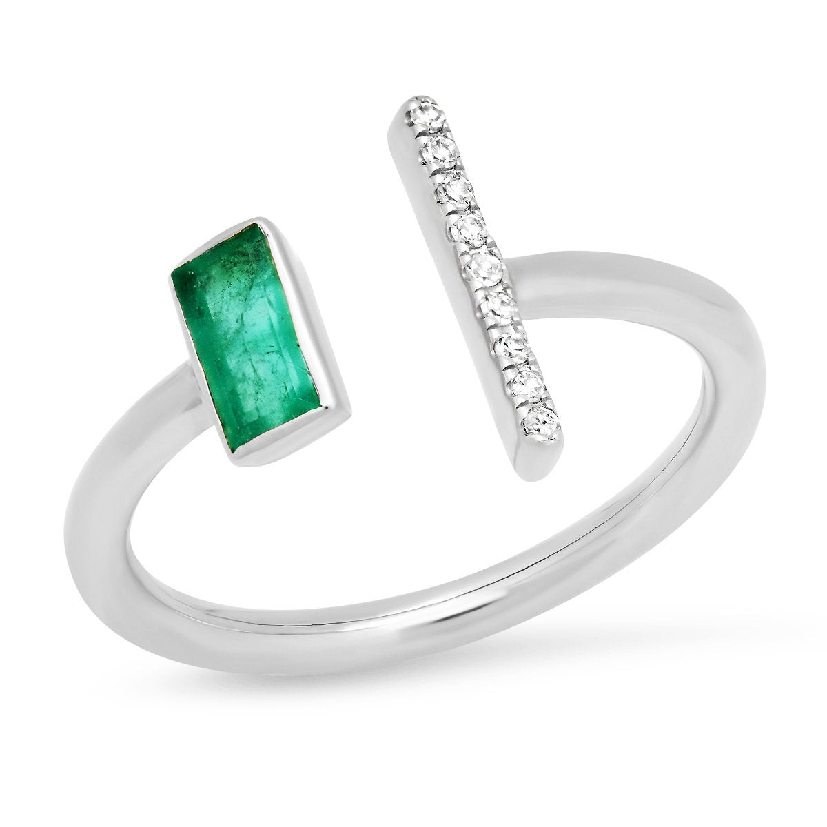 14K White Gold Open Emerald and Diamond Bar Ring