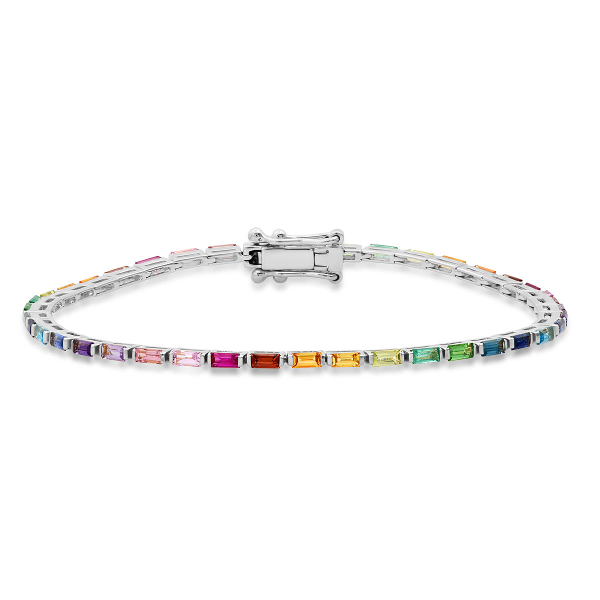 14K White Gold Rainbow Baguette Tennis Bracelet