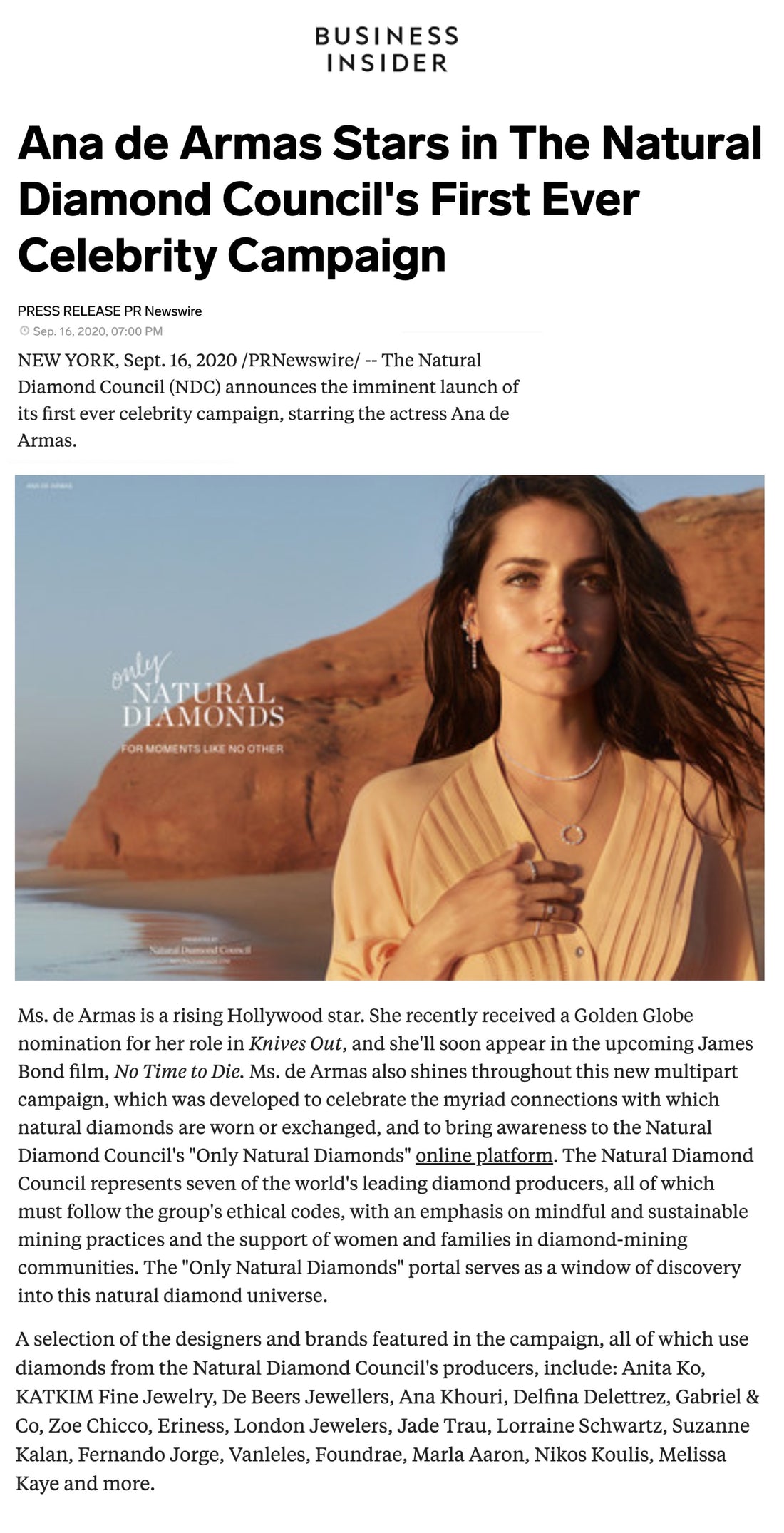 Ana de Armas Stars in The Natural Diamond Council's First Ever Celebrity  Campaign - Only Natural Diamonds