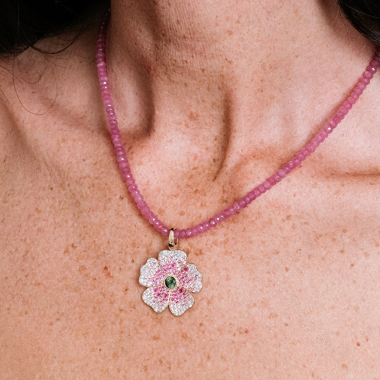 Pink Sapphire and Diamond Wildflower Pendant with Pink Sapphire Beads