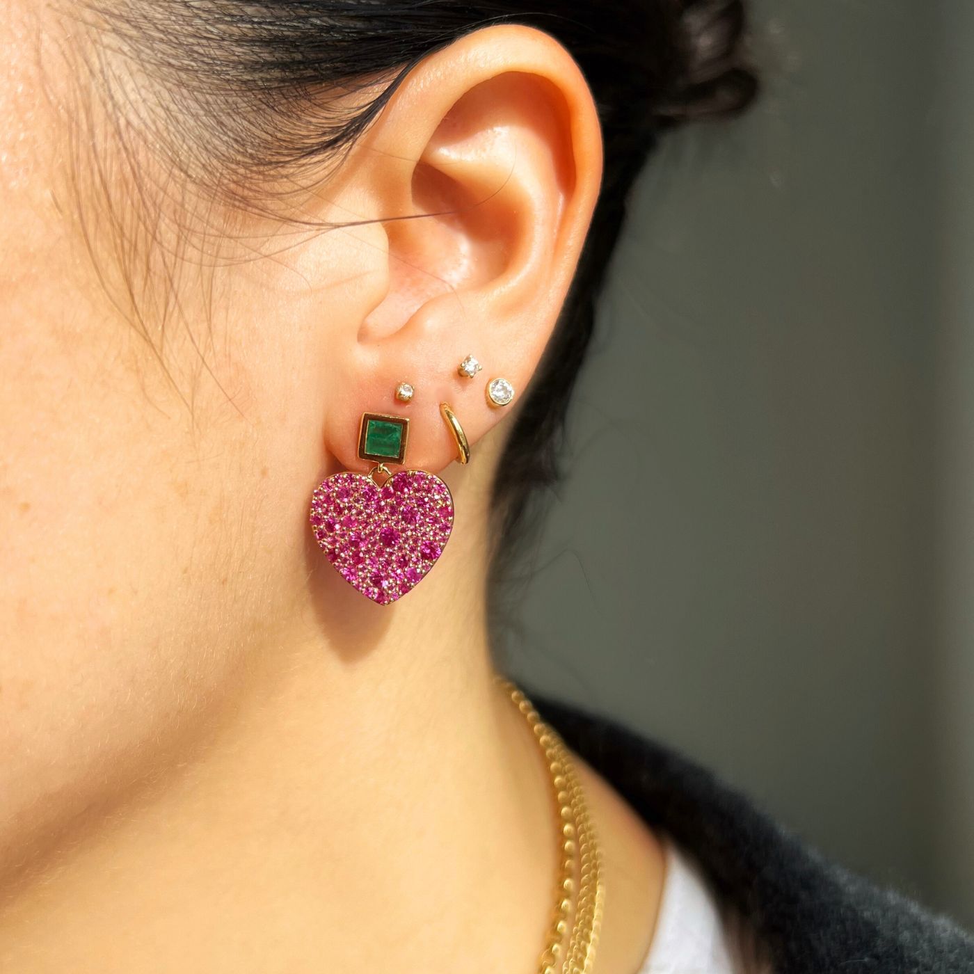 Deep Pink Sapphire and Emerald Jumbo Sweetheart Earrings