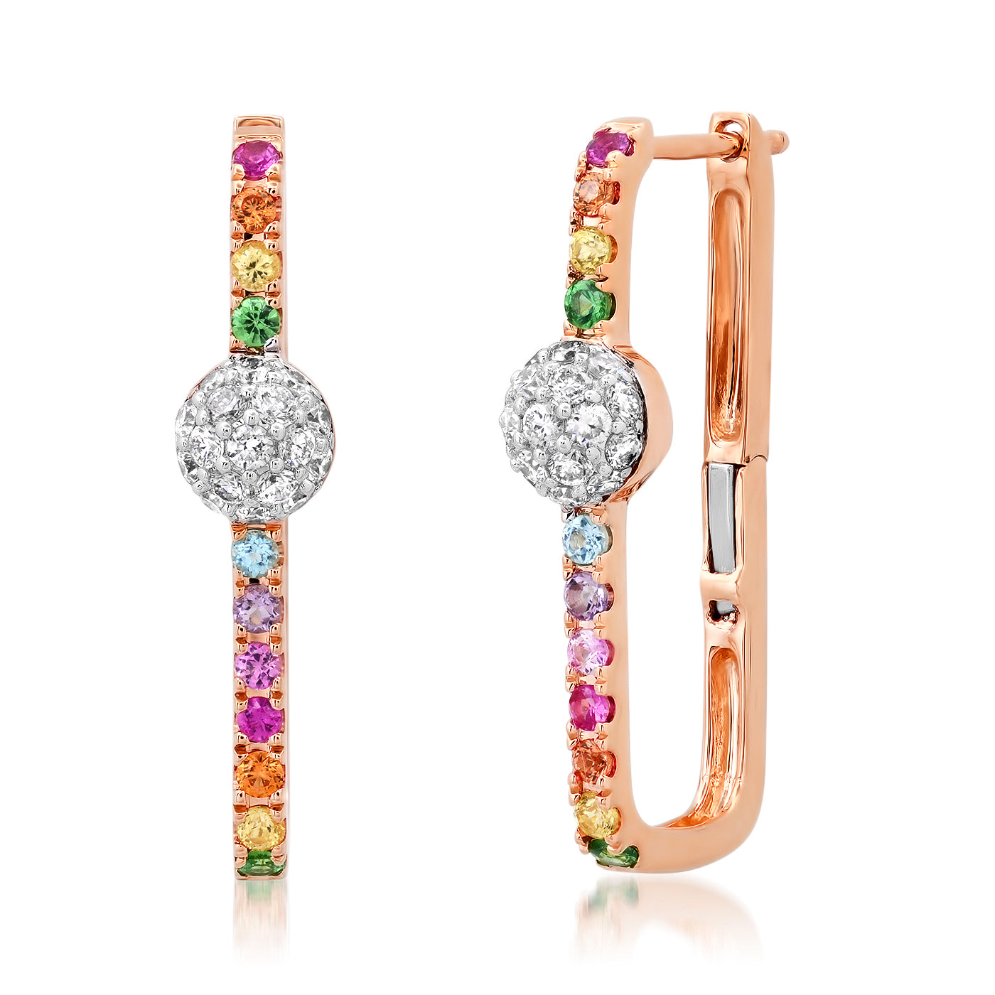 14K Rose Gold Multi Colored and Diamond Orb Block Hoops