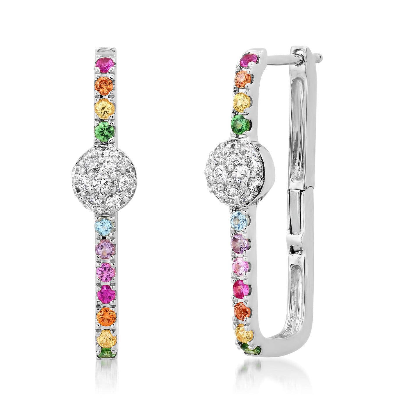 14K White Gold Multi Colored and Diamond Orb Block Hoops