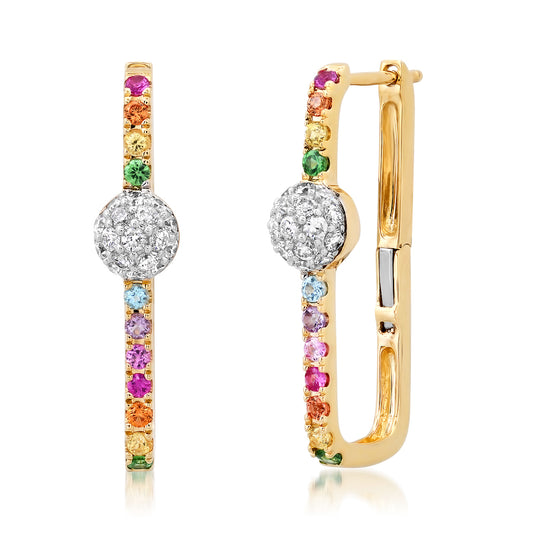 14K Yellow Gold Multi Colored and Diamond Orb Block Hoops