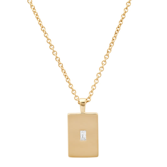 14K Yellow Gold Mini Diamond Baguette Dog Tag Necklace